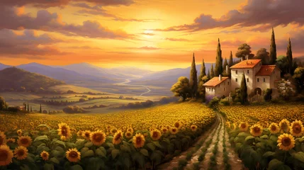 Foto auf Alu-Dibond Sunflower field in Tuscany, Italy. Panoramic image © Iman