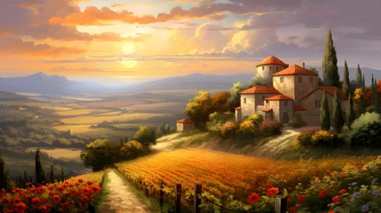 Türaufkleber Landscape of Tuscany, Italy. Panoramic view of a vineyard at sunset. © Iman