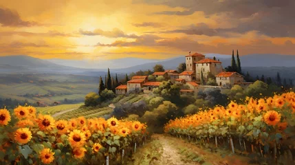 Poster Panoramic view of Tuscany with sunflowers at sunset © Iman