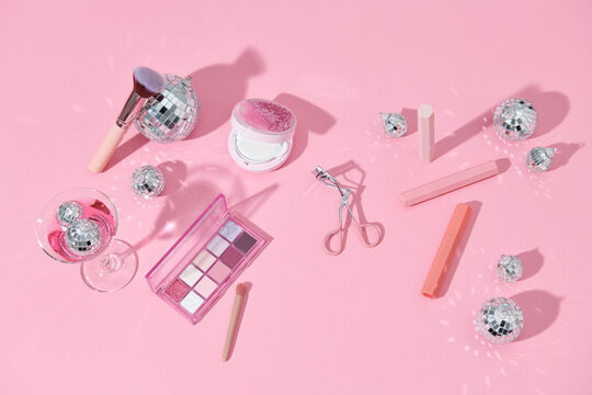Minimal cosmetic scene with makeup brushes, blush, powder