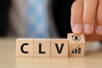 Naklejka premium CLV Customer Lifetime Value concept. Increasing CLV marketing strategy planning, optimizing CLV to improve bottom line and create more loyal and valuable customers. Efforts to increase profitability.