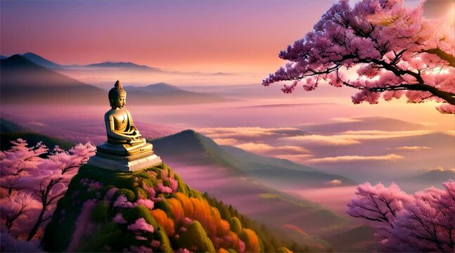 Buddha Statue Meditation in Garden: A serene image featuring a golden Buddha statue in a lotus position amidst a peaceful Mountain Sunrise View with Snow-covered and Beautiful Cloudy Sky