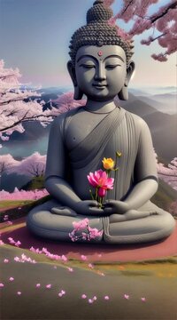 Buddha Statue Meditation in Garden: A serene image featuring a golden Buddha statue in a lotus position amidst a peaceful garden setting, embodying spiritual tranquility and ancient wisdom