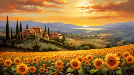 Plaid avec motif Toscane Sunflower field in Tuscany, Italy. Digital painting.