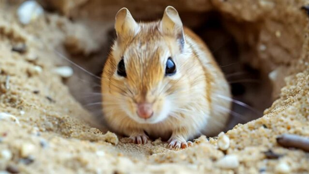 Closeup of a gerbil using its tiny paws to meticulously sift through the sand removing small debris and tangles from its fluffy fur