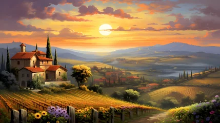 Schilderijen op glas panoramic view of Tuscany landscape at sunset, Italy © Iman