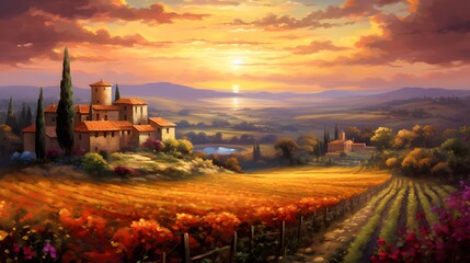 Panoramic view of Tuscany landscape at sunset, Italy - obrazy, fototapety, plakaty