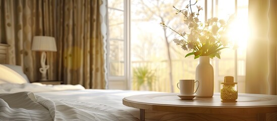 A luxurious table in a bedroom setting is adorned with a beautiful vase filled with colorful flowers. The vase stands out against the blurred background, adding a touch of elegance to the room.
