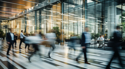 implementation services realistic office picture with bokeh, people working in the background, largely blue and grey colors