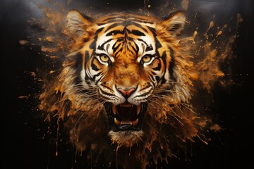 Tiger embodying predator instinct amidst a surreal art landscape with a blazing warmth and mix texture - obrazy, fototapety, plakaty