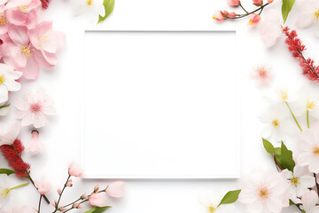 Naklejka na ściany i meble Square frame surrounded by spring flower decorations, Mother's Day or women's day whishing card, banner, Blank paper surrounded by pink flowers. 