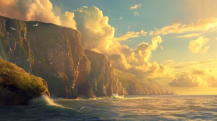 Coastal cliffs bathed in golden sunlight, standing tall against the canvas of a cloud-studded sky and the soothing sounds of the waves. - obrazy, fototapety, plakaty
