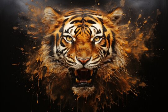 Tiger embodying predator instinct amidst a surreal art landscape with a blazing warmth and mix texture