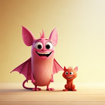 Pink devil and little imp adventure through serene heaven discovering enchanted dreamy landscapes Pure whimsy