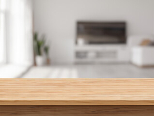 Wood table for product display with blurred living room