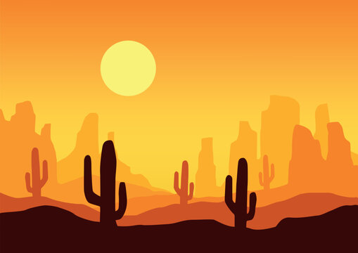 Mountains panorama in the sunset vector. Vector illustration in flat style.