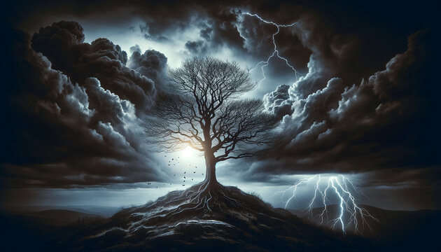 A striking image of a tree in a lightning storm with dark clouds and flashes of electricity, symbolizing courage and fortitude. Emphasizes nature’s survival. Generative AI.