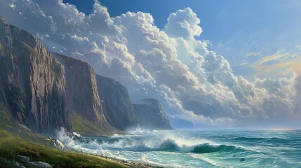 Fototapeta na wymiar Coastal cliffs rising majestically against the backdrop of a cloud-studded sky, with waves crashing below in rhythmic harmony.