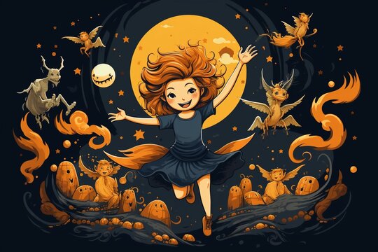 A scene of minimalist myth where kindhearted magic reigns featuring a tiny fairy a friendly demon and a playful mystic celebrating under the starry sky