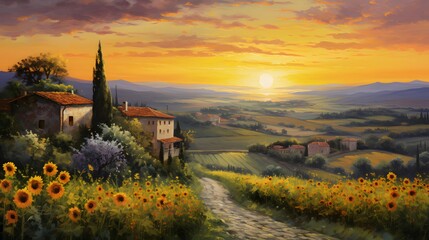 Panoramic view of Tuscany with sunflowers at sunset