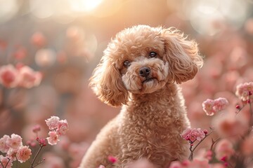 Poodle with blooming pink flowers in background.  pet products advertising. 