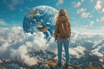 Woman facing Earth above clouds on mountain peak. AI Generated.