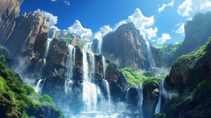 Cascading waterfall against a backdrop of rugged peaks, with the deep blue sky completing the...