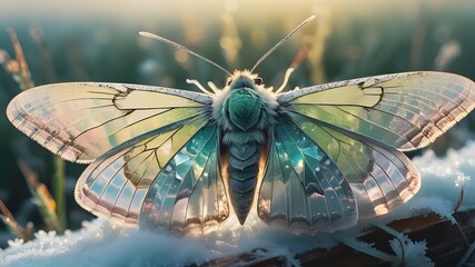 ethereal glowing holographic crystalised moth on a frosty spring morning - obrazy, fototapety, plakaty