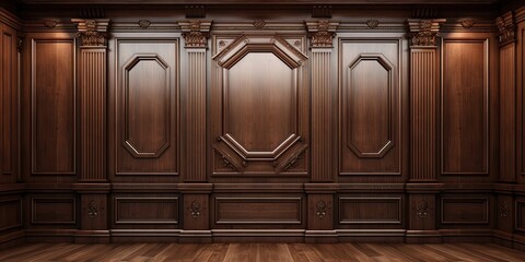 Luxury wood paneling background or texture. highly crafted classic / traditional wood paneling, with a frame pattern, often seen in courtrooms, premium hotels, and law offices. - obrazy, fototapety, plakaty