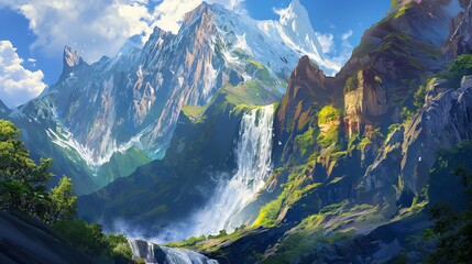 Cascading waterfall against a backdrop of rugged peaks, with the deep blue sky completing the...