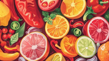 Illustration of colorful, assorted sliced fruits and vegetables.  Nutritional education materials.  - Powered by Adobe