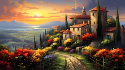 Tuscany landscape panorama with old villa at sunset, Italy - obrazy, fototapety, plakaty
