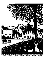 Obraz premium Swiss scherenschnitte or scissors cut illustration of silhouette of a cow and rabbit in a village in Diemtigtal Nature Park in the canton of Bern, Switzerland done in paper cut or decoupage. 
