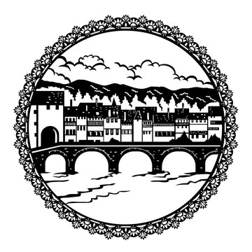 black and white city bridge scene clip art preview