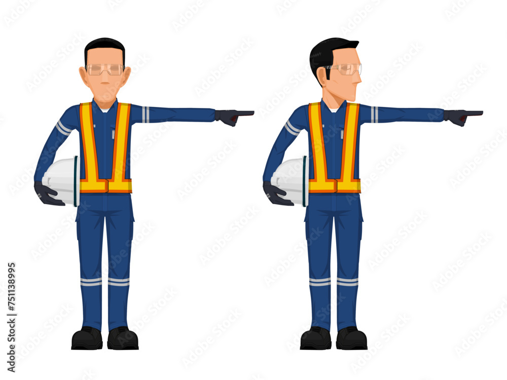 Wall mural Set of construction worker in the position of pointing something beside him self