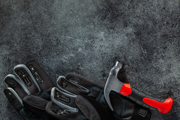 Gloves And Mini Safety Claw Hammer Coposed With Copy Space