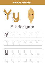 Tracing alphabet letters for kids. Fruit and vegetables alphabet. Y is for yam.