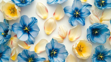 Flower yellow-blue tulips and petals. Floral background