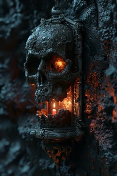 A dark closeup view of a detailed 3D floating lantern and skull in a hellish setting