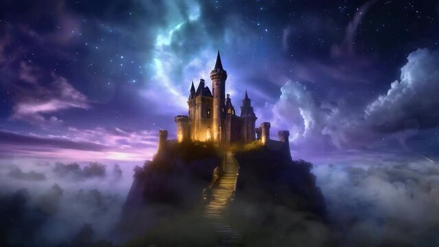 Glowing castle on mountain top with beautiful sky at dusk