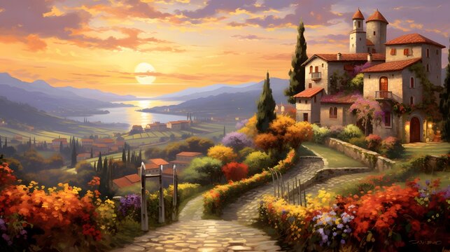 Panoramic view of the Tuscany, Italy at sunset