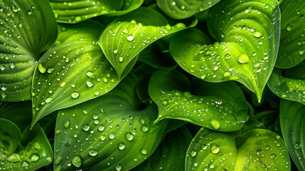 Green bright leaves with rain drops nature background