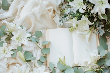 Open book with handwritten text amidst white flowers. Ideal for romantic literature or wedding themes. 