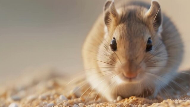 Closeup of a gerbil with its head buried in the sand its whiskers twitching as it rubs its face against the grains to clean and soothe
