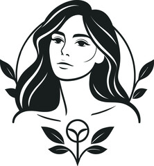 woman with flower logo vector illustration,  Minimalistic female figure and face. Vector art of femininity and beauty for logo or wall art