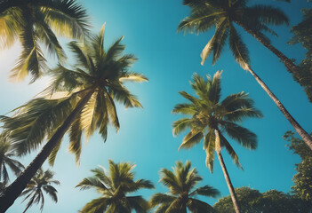 Fototapeta na wymiar Tropical palm trees against a clear blue sky, conveying a serene and exotic atmosphere.