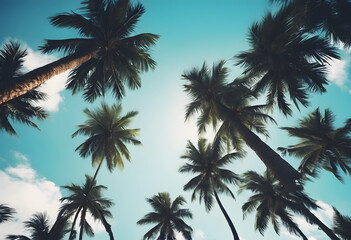 Fototapeta na wymiar Tropical palm tree silhouettes against a sunny blue sky, conveying a serene vacation vibe.