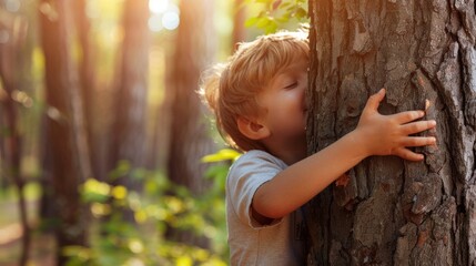 young kid hugging a tree in the forest