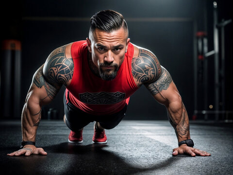 Close-up of a handsome muscular 40 year old healthy New Zealand man with Maori tattoos doing push-ups in a gym