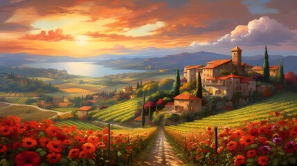 Panoramic view of Tuscany at sunset, Italy.